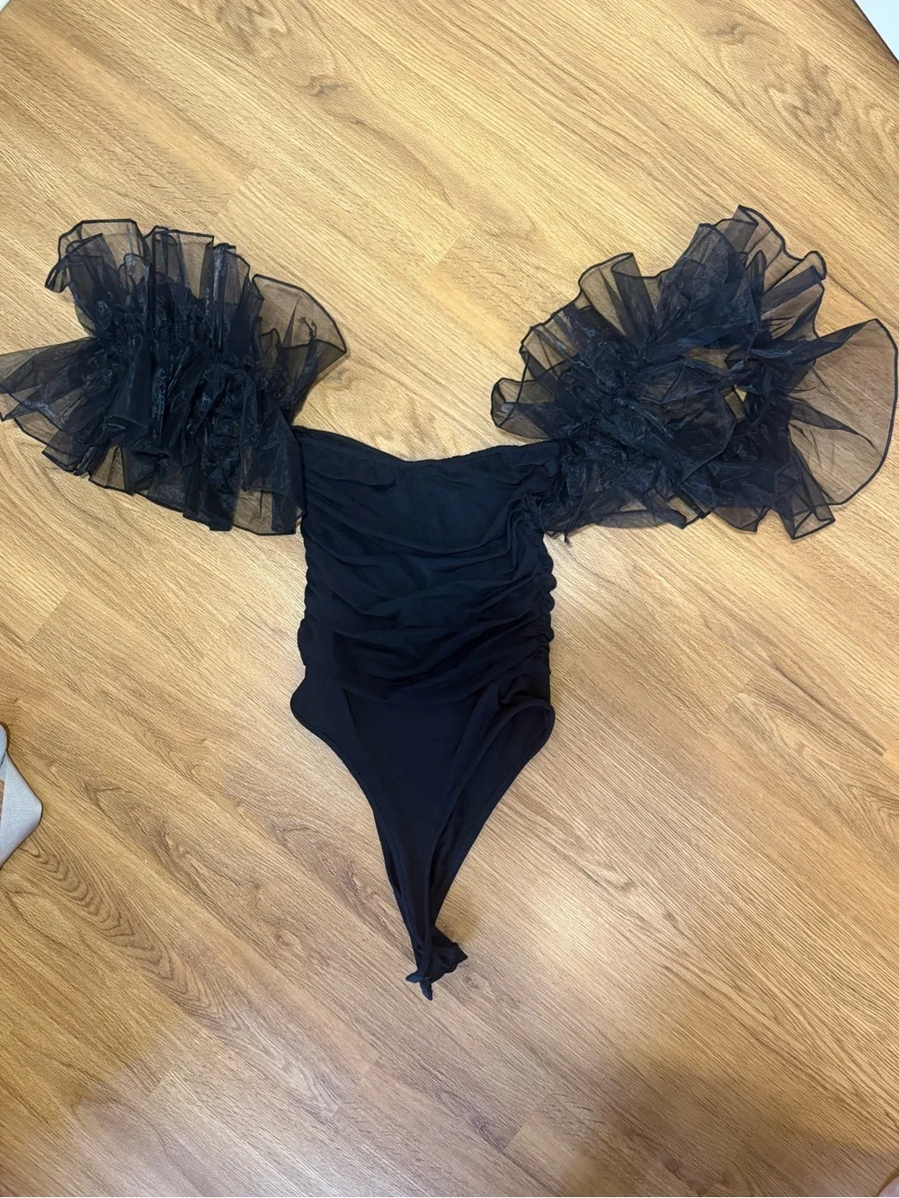 Mariah Davis Black Ruffle- off the shoulder body suit